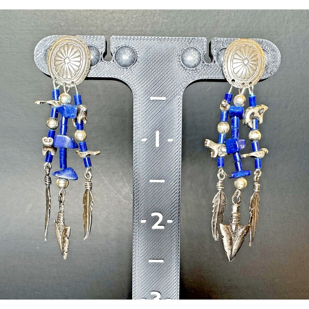 Sterling Silver Southwestern Dangle Earrings Blue Stone Arrowhead Feather Charms